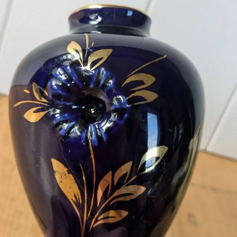 Vintage Cobalt Blue, Gold Flowers Vase by B&H Halbach Geschenke - Germany